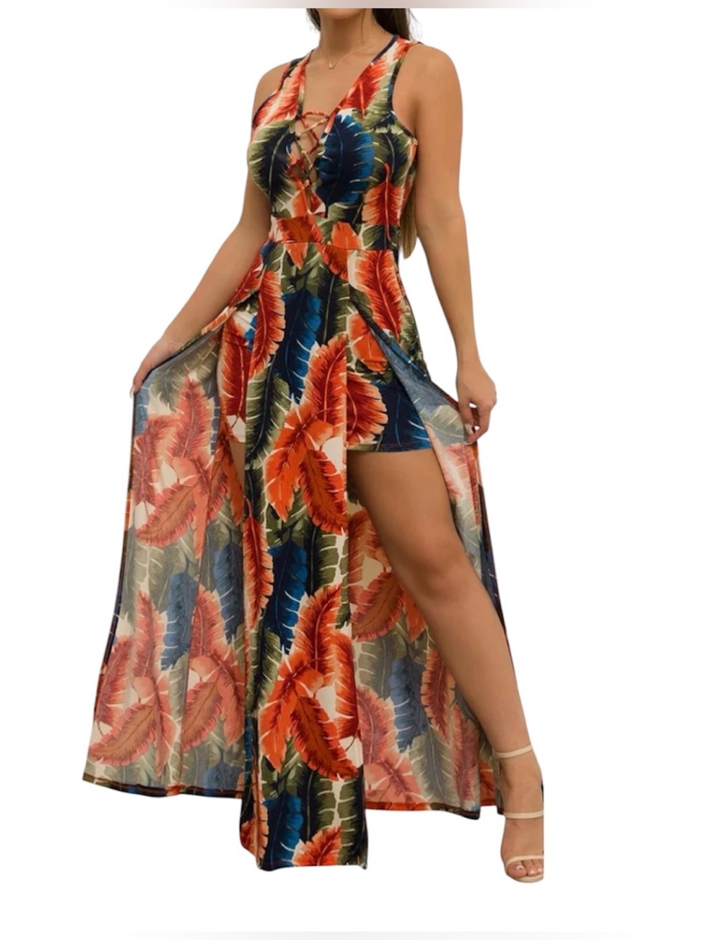 Iris Tropical Maxi Dress in Orange, Blue & Green